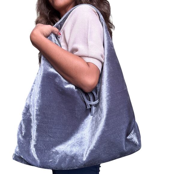 Tabitha Webb Velvet Slouch Hobo Bag Grey Blue Oversized - Picture 1 of 15